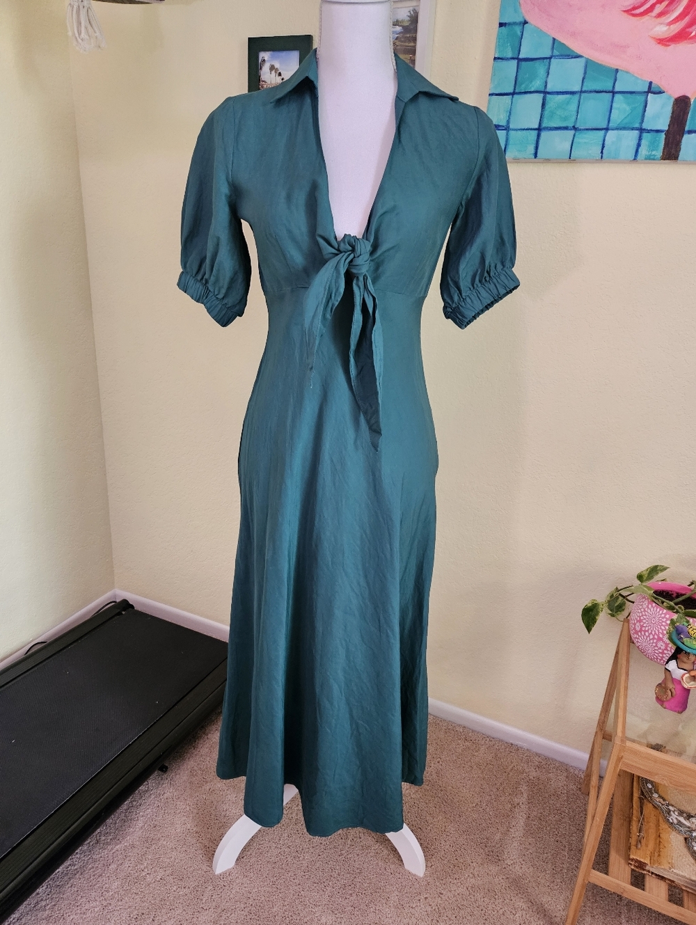 Zara Woman Teal Tie-Front Midi Dress with Puff Sleeves Size XS